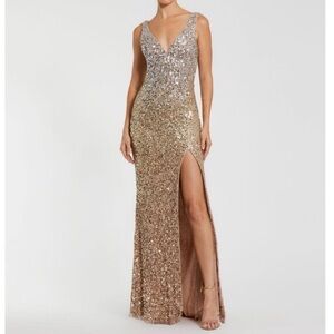 Mac Duggal Silver and Gold Sequin V-Neck Evening Gown with High Slit